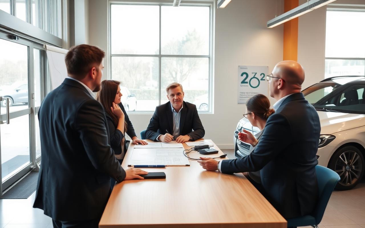Workshop-Runde im Autohaus mit Führungskräften am Besprechungstisch
