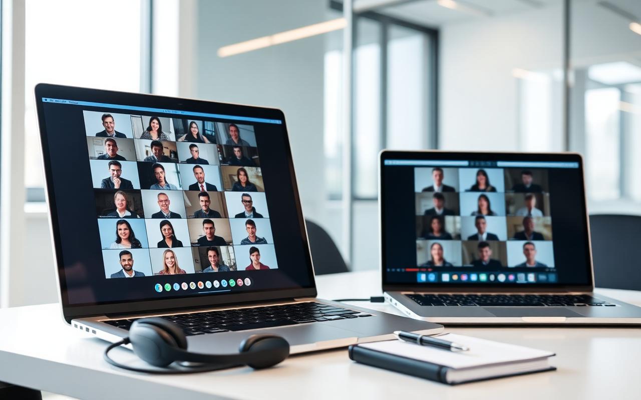 Webinar-Setup mit Video-Konferenz auf zwei Laptops in einem hellen Büro