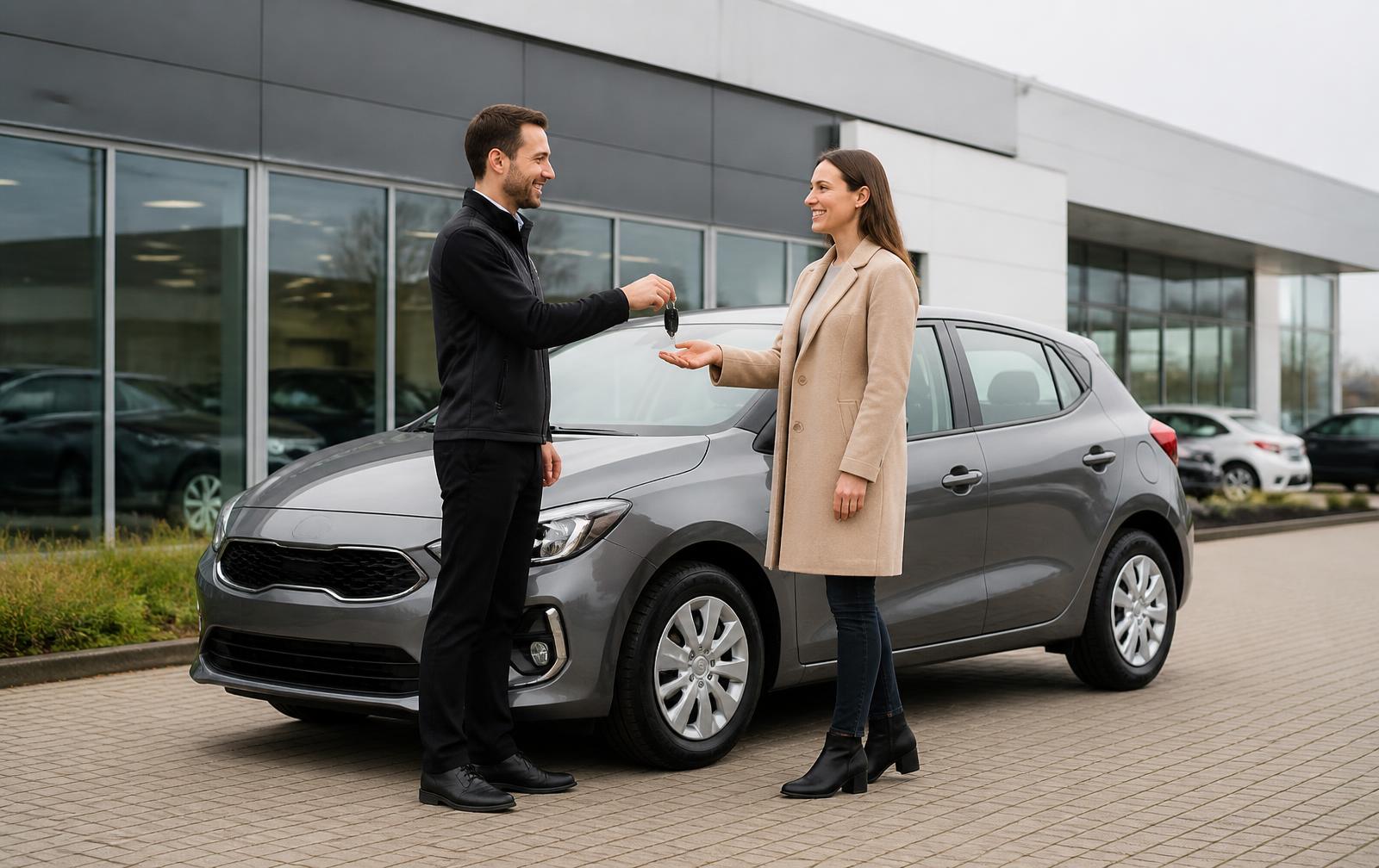 Serviceberater übergibt Ersatzwagen an Kunden im Autohaus